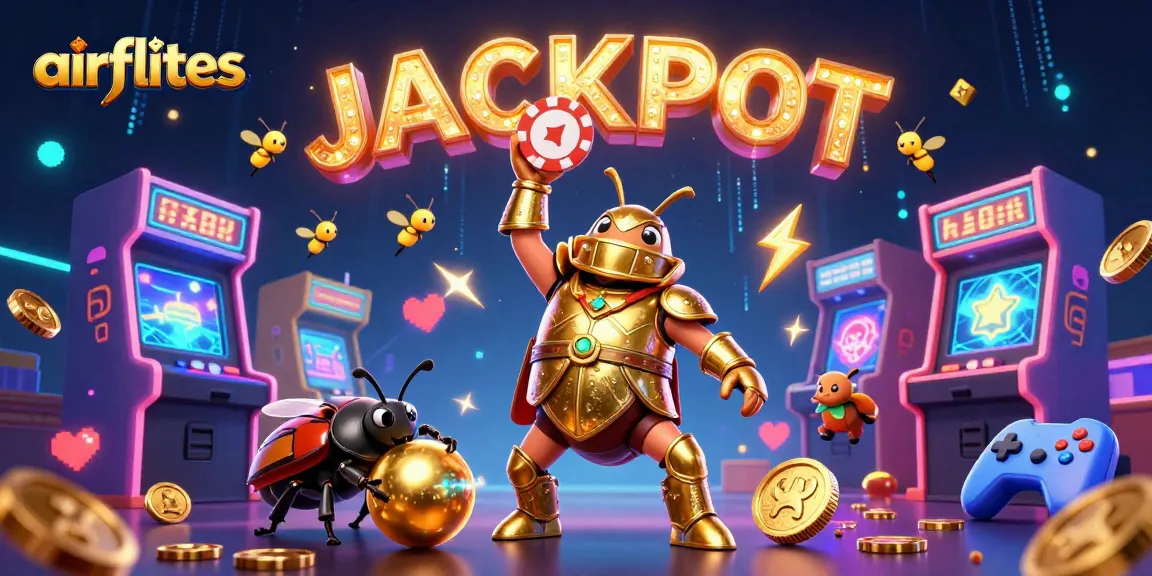 Play slots and win jackpots at airflites with a vibrant 3D illustration full of excitement and gaming elements.