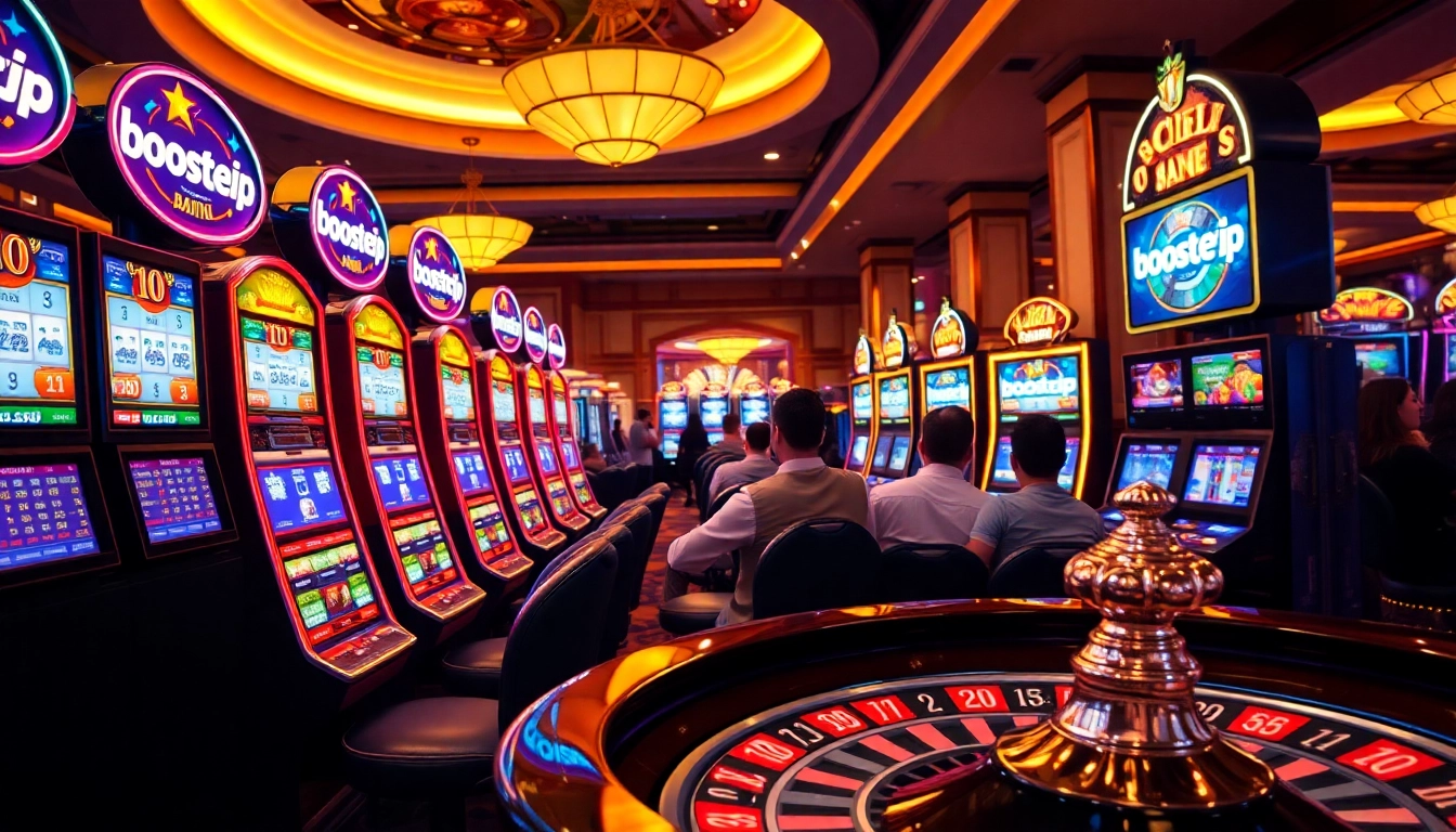 Players enjoying the excitement of boosterjp slot machines in a vibrant casino.