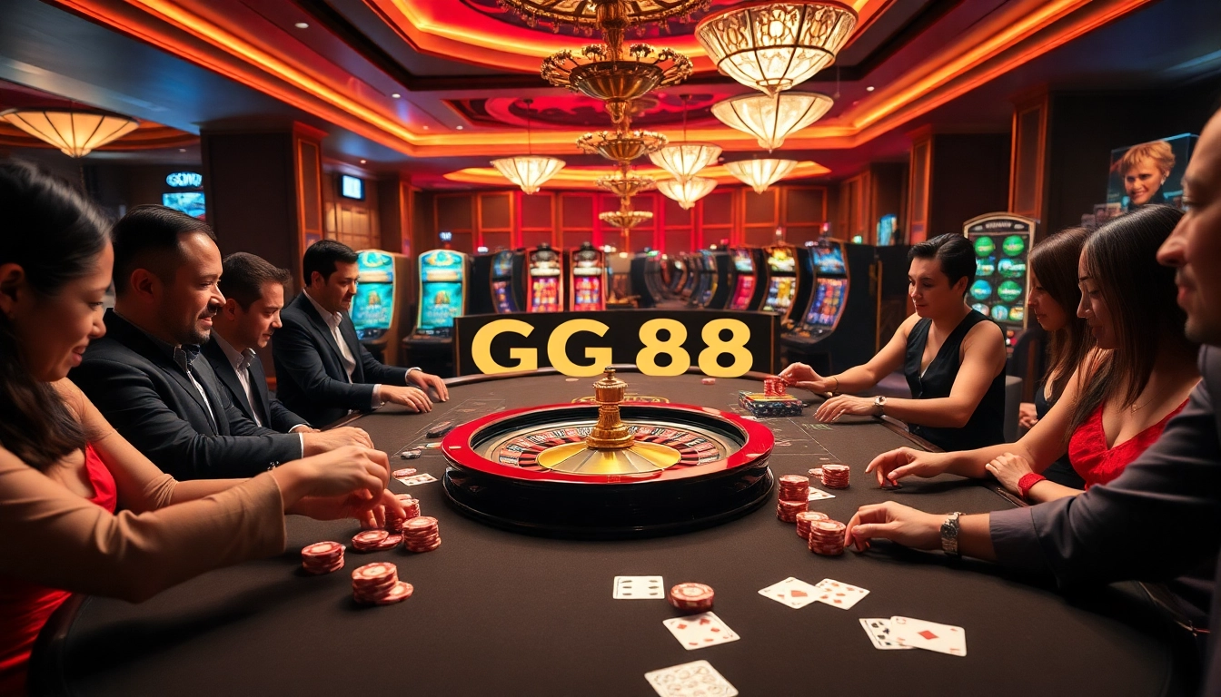 Players bet excitedly at a GG88-themed table in a lavish casino atmosphere.