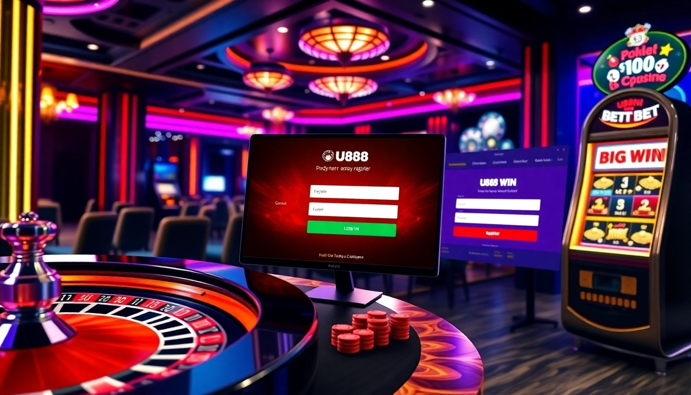 The engaging U888 bet login register interface displayed on a sleek tablet amidst vibrant casino visuals.