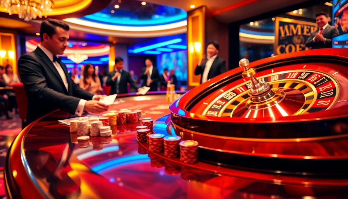Exciting gameplay at mm88 casino with a dealer engaging players at a table surrounded by poker chips.