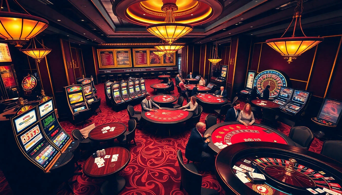 A dynamic scene at a casino showcasing 88i's vibrant gaming environment filled with poker tables and slot machines.