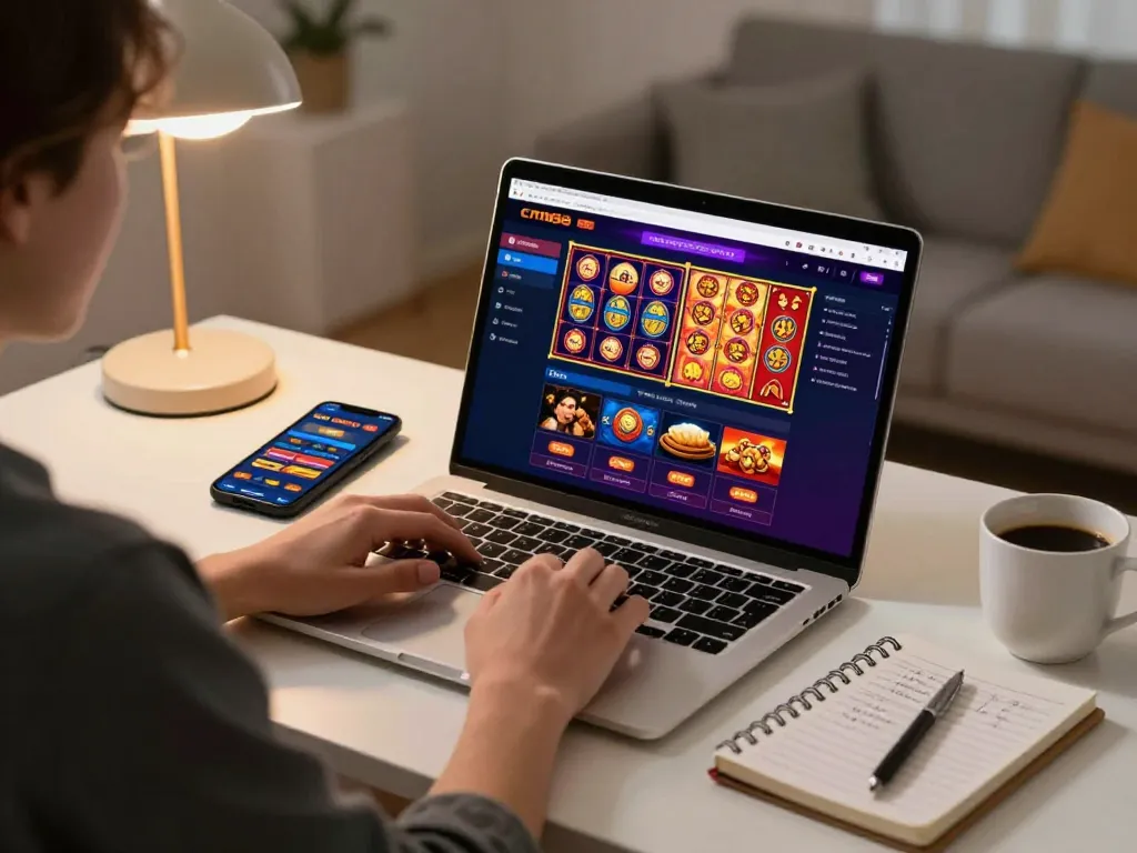 Engaged player exploring cm88 online casino platform at home with laptop and notebook.