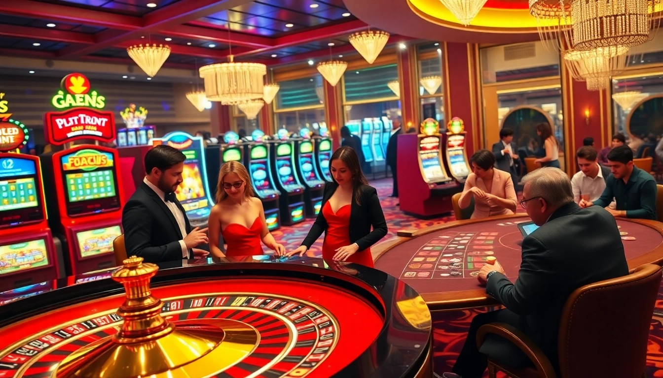 Engaged gamblers enjoying thrilling games at GK88 COM's luxurious casino environment.