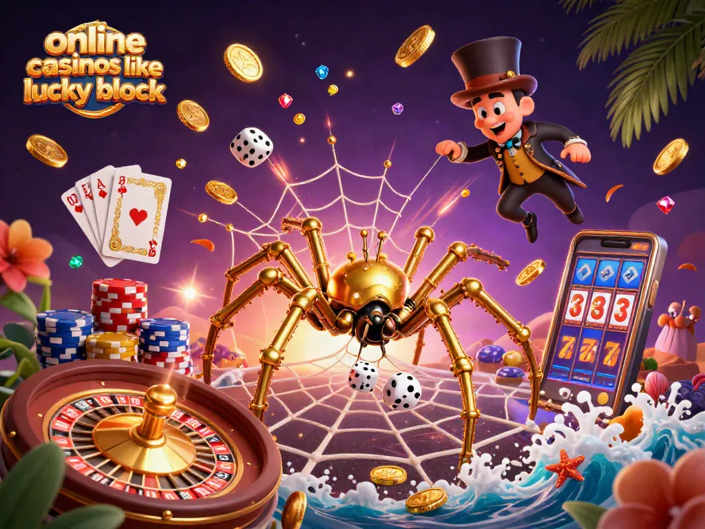Engaging scene showcasing online casinos like Lucky Block with a steampunk spider, coins, and roulette wheel.
