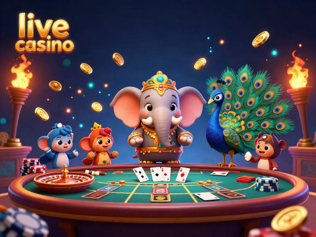 Rasakan pengalaman seru live casino dengan elemen permainan Baccarat dan Roulette dalam ilustrasi berwarna-warni ini.
