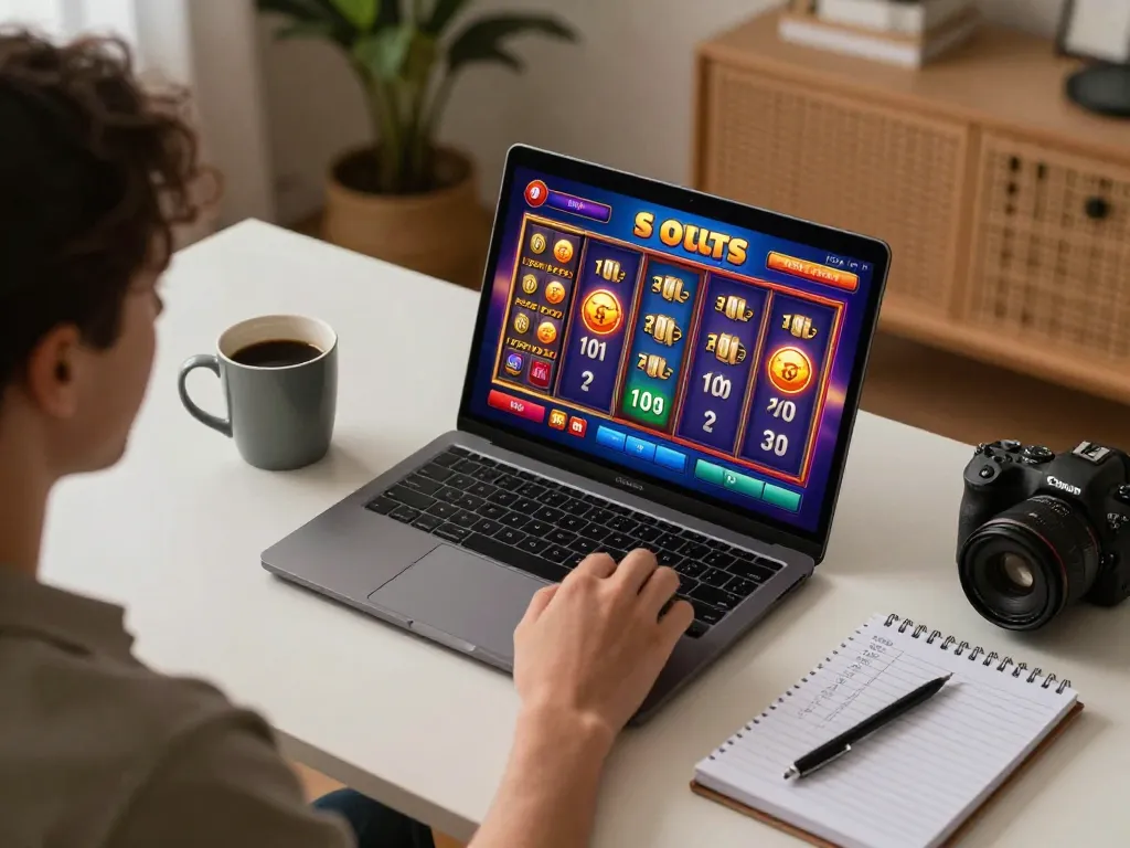 Spiining reels of an exciting situs slot game displayed on a laptop, showcasing a vibrant online gaming environment.
