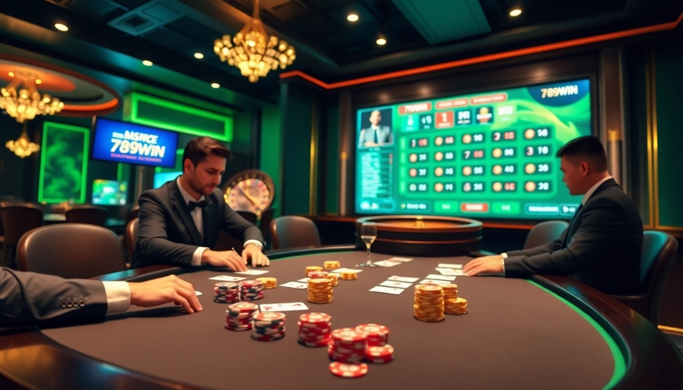 Experience thrilling poker action at 789WIN with vibrant chips and a classic roulette wheel.