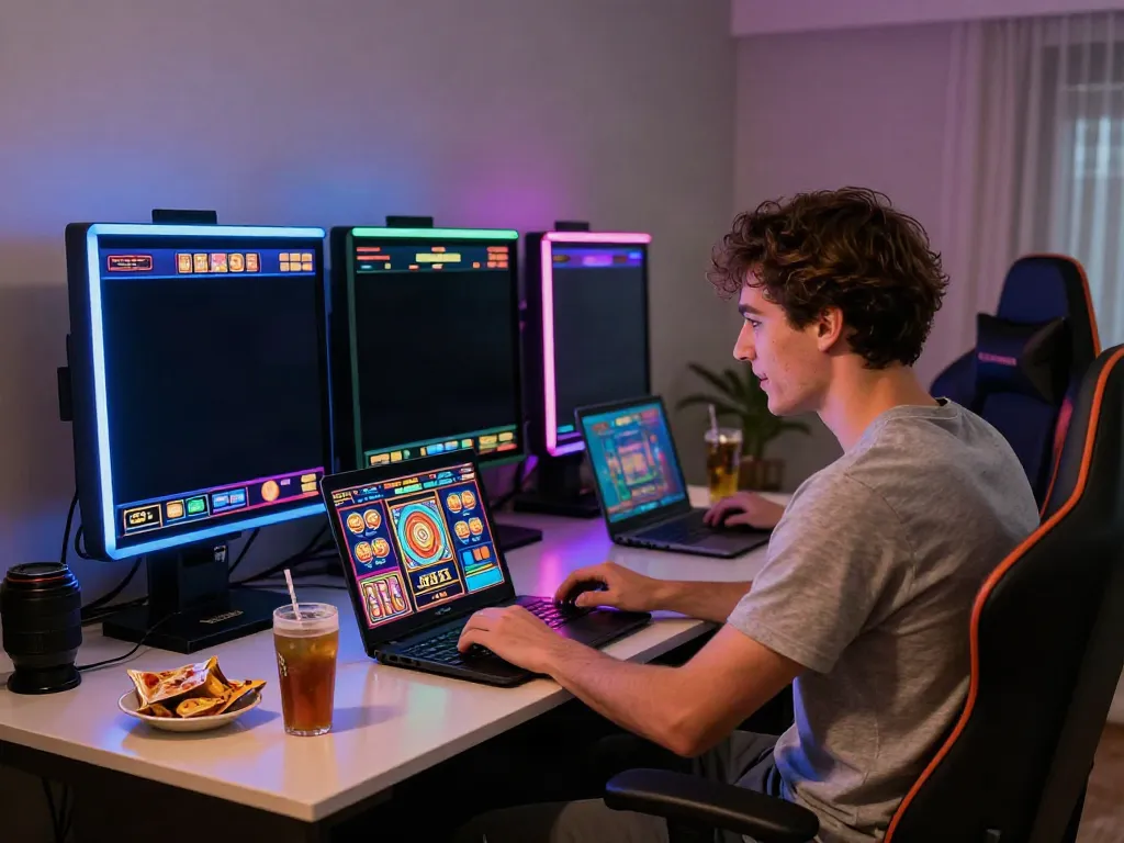 Excited player engaging with akunjp online slots in a stylish home setup.