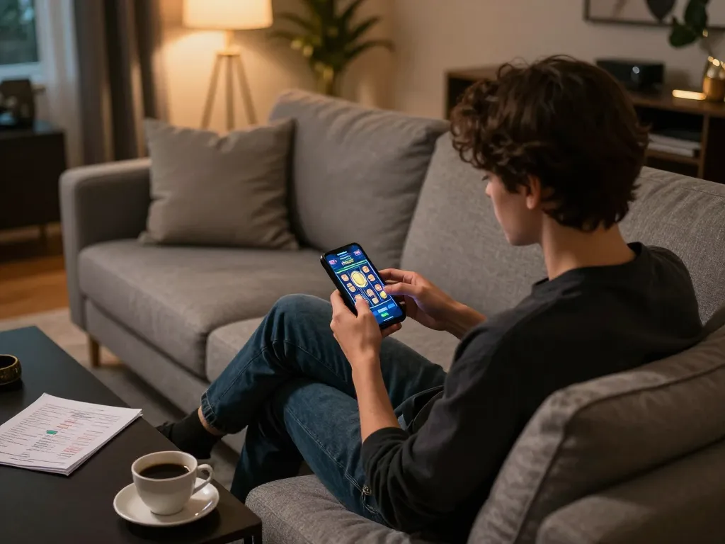 FAFA828 user engaging in exciting mobile slot gaming at home, emphasizing strategic approach and cozy atmosphere.