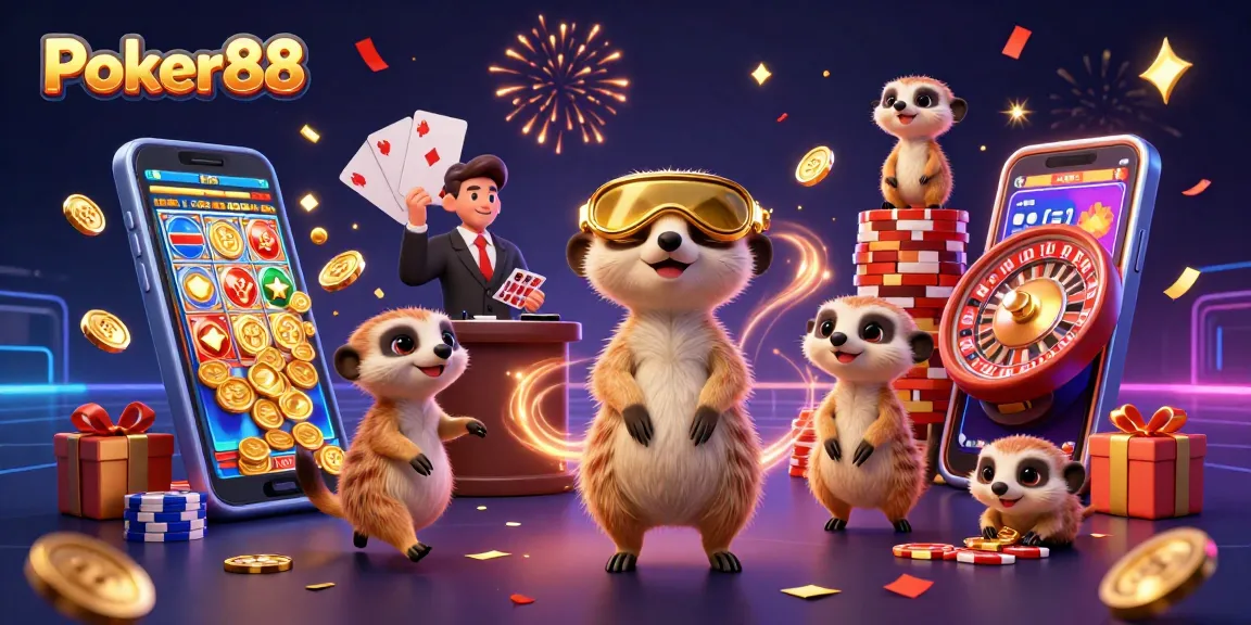 Experience Poker88 in an exciting casino set-up featuring cartoon meerkats in action.