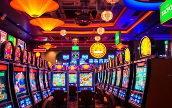 Main feature of Slot Game with colorful machines and joyful players in a casino setting.