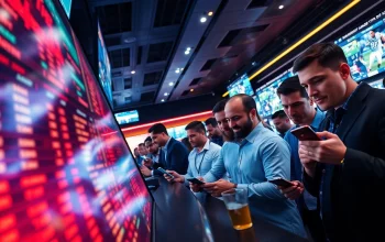 Engaged bettors analyzing options for Sports Betting in a lively modern sportsbook atmosphere.