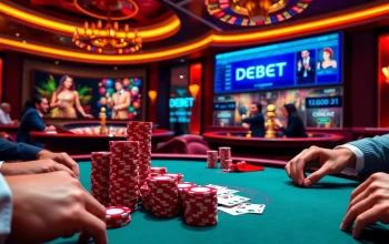 Players engaging in a high-stakes poker game at DEBET's luxury casino.