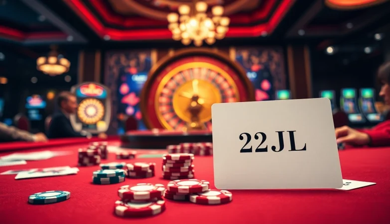 Experience the thrill of 22JL as players engage in strategic casino games at a luxurious table.