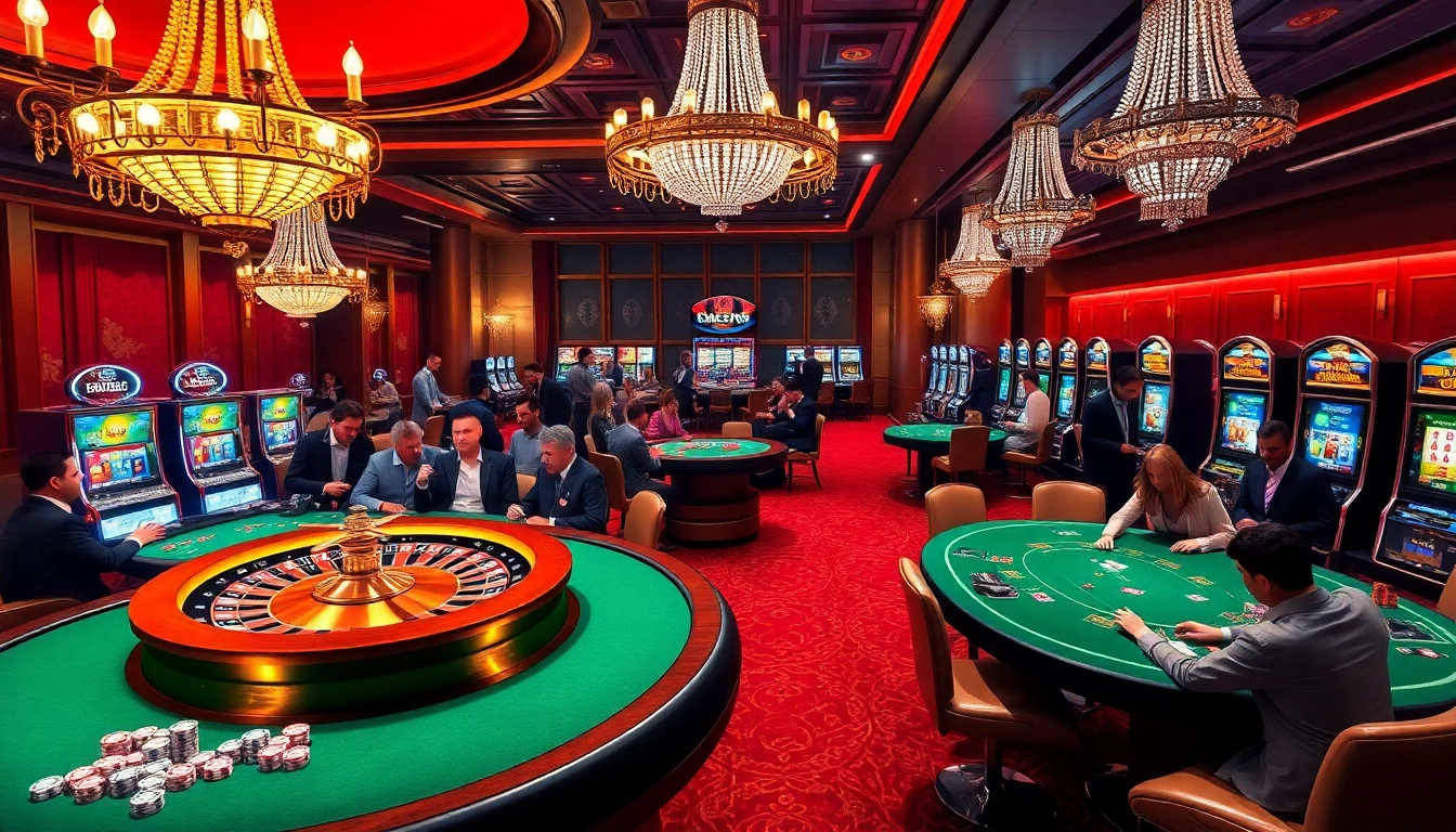 Experience the thrill of casino gaming at https://ok8386.sh/ with players at a roulette wheel and poker tables.