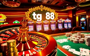 Experience the excitement of casino gaming elements including roulette, cards, and tg88 branding.