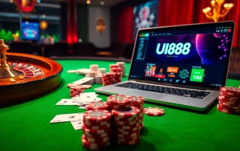 Exciting gaming action at UU88 casino featuring a roulette wheel, poker chips, and online interface.