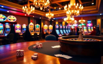 Experience the excitement of hay88 as players engage at a luxurious casino poker table with vibrant slots in the background.