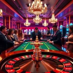 Engaged players betting at a luxury casino scene represented by https://www.eejl88888.com/ with vibrant roulette table and dazzling slot machines.