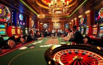 A vibrant casino scene showcasing u 888 with players at a poker table, surrounded by chips and cards.