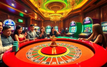 Players enjoying the thrill of the 789 club at a bustling roulette table in a vibrant casino.