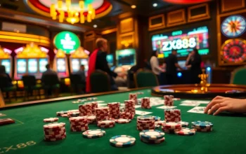Engaging scene of ZX88 casino atmosphere with poker chips, tables, and slot machines, highlighting excitement.