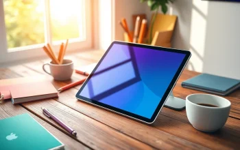 Descubre la iPad Air 5ta generación con diseño elegante y pantalla vibrante sobre un escritorio cálido.