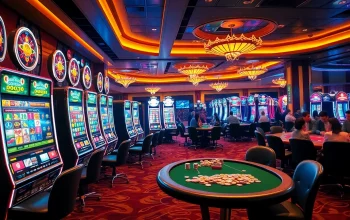 Engage in thrilling gaming experiences at Bro138, featuring vibrant slot machines and poker tables in a luxurious casino atmosphere.