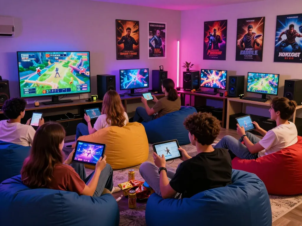 Group of friends enjoying free porn games together in a vibrant gaming room.