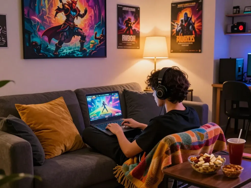 Person immersed in a porngame in a cozy living room setting with snacks and drinks.