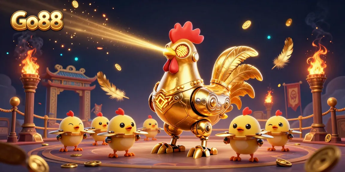 Go88 attracts with its lively golden rooster robot and engaging baby chick drones amid dynamic gambling elements.