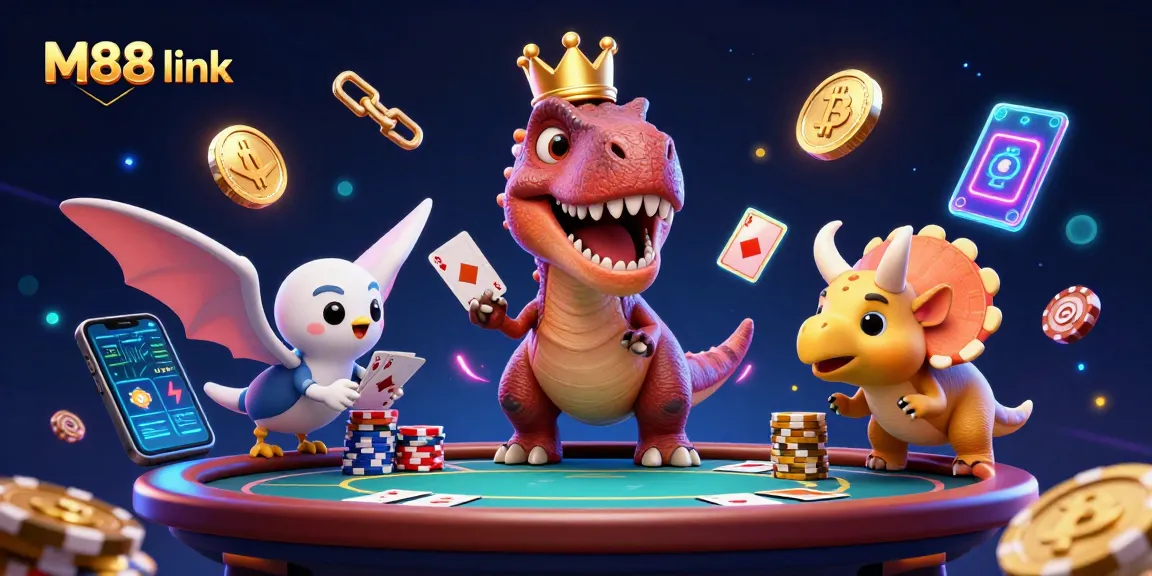 Engage with the M88 link as a T-Rex shuffles poker cards under neon lights in a vibrant scene.