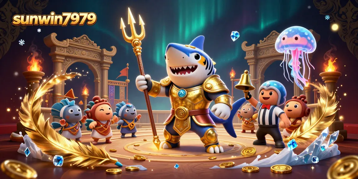 Witness thrilling gameplay at sunwin7979 with a fierce shark gladiator in a vibrant casino arena.