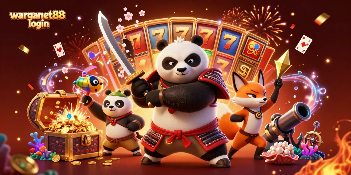 Engage with warganet88 login as a samurai panda, ninja fox, and spirit tanuki celebrate in a vibrant casino.