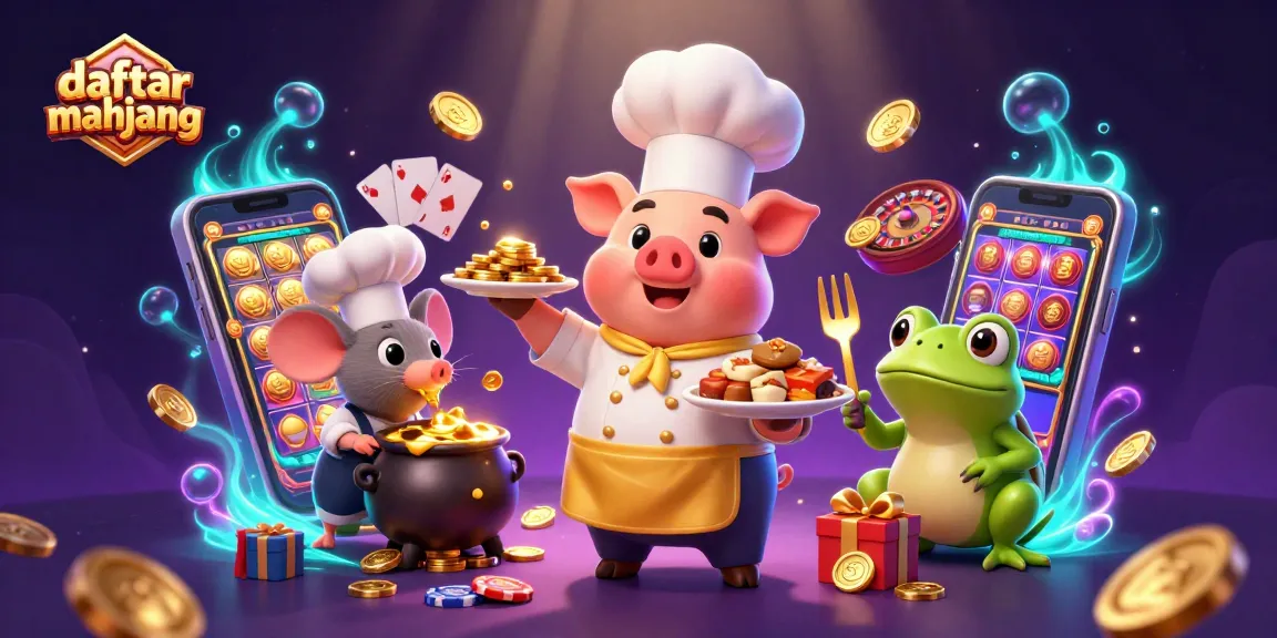 Engage with daftar mahjong as a chef pig serves gold coins in a vibrant casino scene.