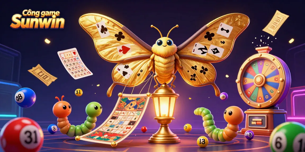 Engage with Cổng game Sunwin through a vibrant 3D casino illustration showcasing colorful lottery balls and a majestic atlas moth.