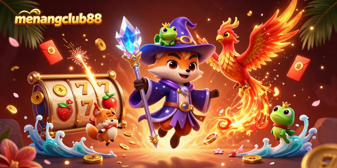 Experience the thrill at menangclub88 with a magical 3D illustration of a wizard fox and phoenix!