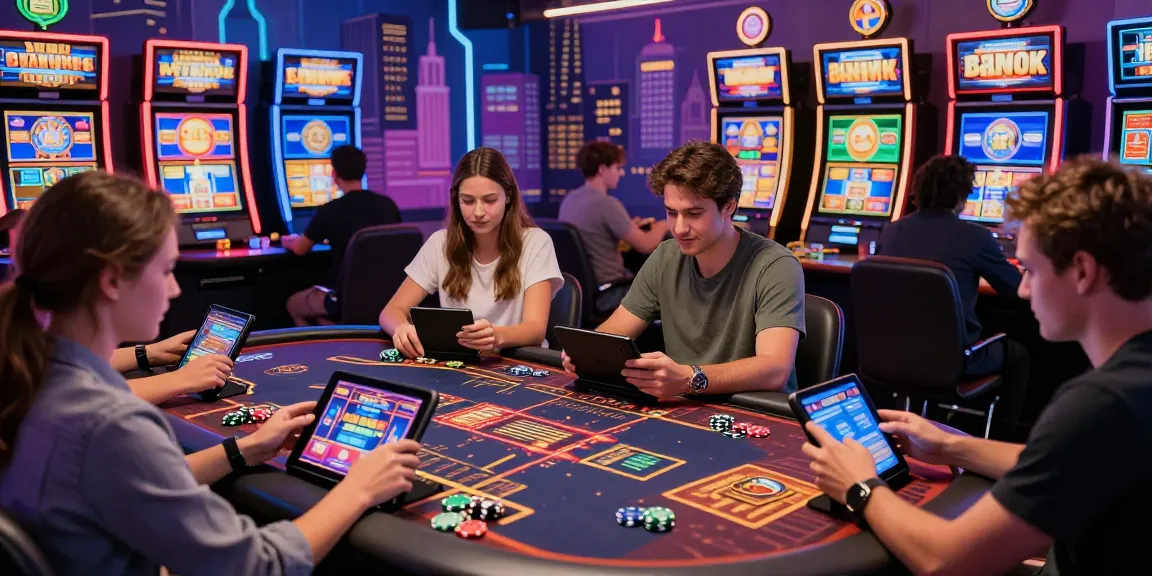 Exciting gameplay at online casinos that accept credit cards, featuring players using mobile devices in a vibrant casino atmosphere.